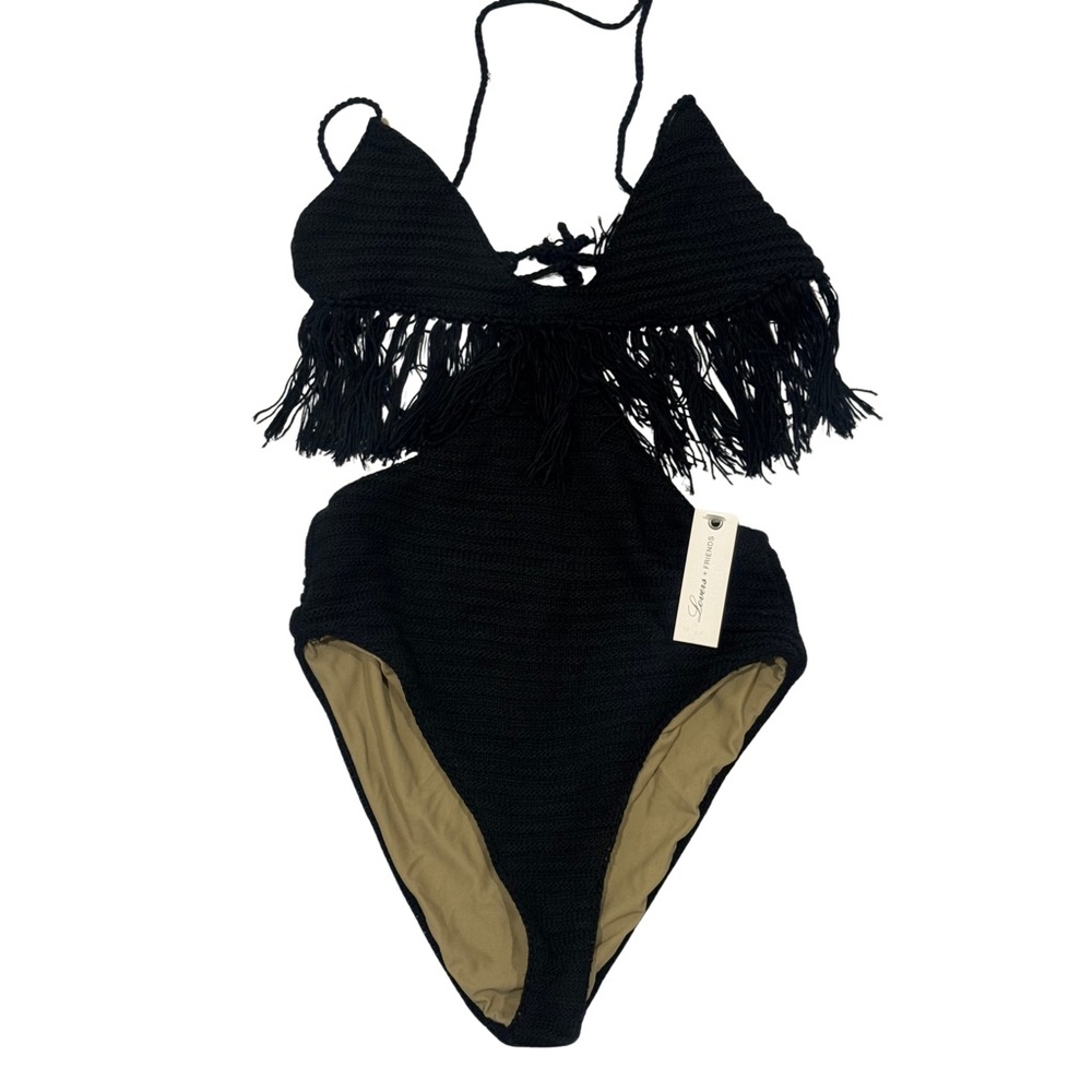 Lovers + Friends White Sands Swimsuit XS Black Crochet Fringe Halter Cutout NWT - Picture 4 of 10